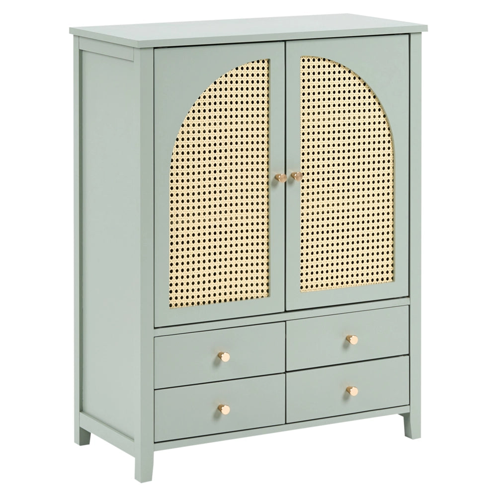 Scarpiera con 4 cassetti e 3 ripiani in legno MDF rattan PE verniciato stile boho verde menta