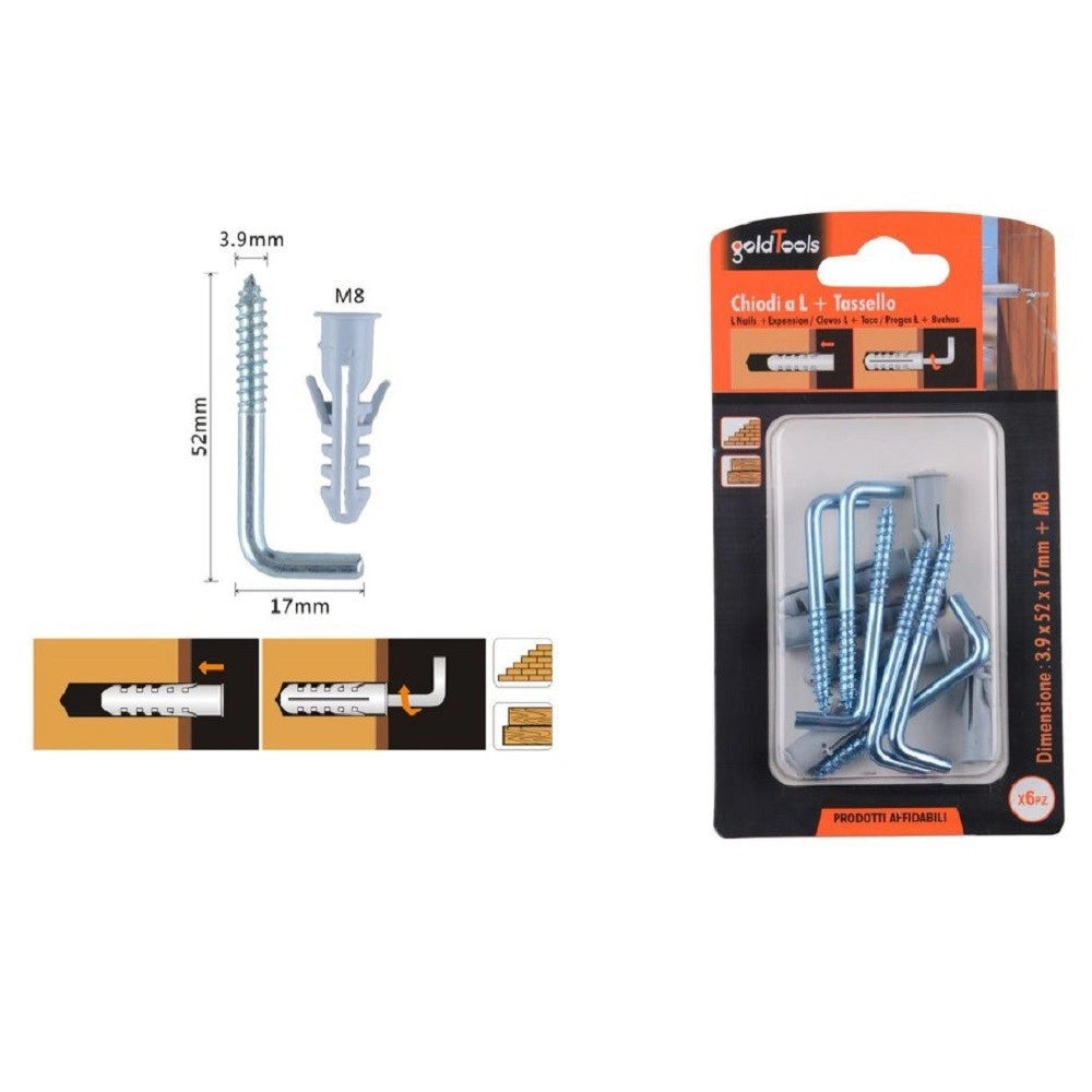 Trade Shop - Set 6 Pezzi Chiodi Viti A L 3.9x52x17mm + Tasselli Con Alette Tassello M8 90798 -