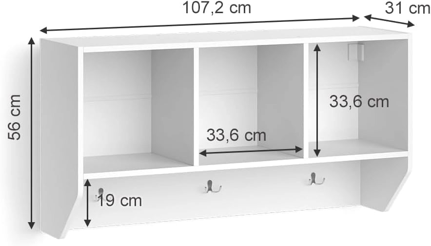 Scaffale a muro per bambini Luigi, Bianco, 107.2 x 56 cm, per montaggio a parete con ripiani aperti e ganci