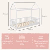 Struttura Letto per Bambini a Forma di Casetta con Doghe e Recinzione, in Legno di Pino, 96x195x165 cm, Bianco