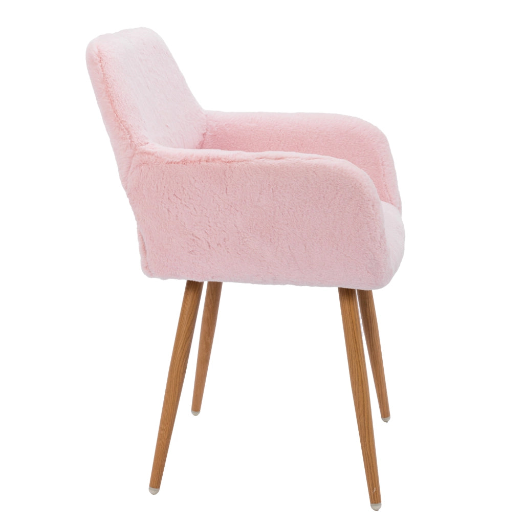 Sedia da pranzo in pelliccia sintetica con braccioli e gambe effetto legno, seduta confortevole rosa moderna
