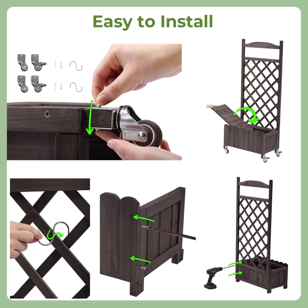Set 2 fioriere in legno con grigliato e ruote, rialzate, resistenti alle intemperie con fori di drenaggio, ideali per giardino, balcone e terrazza, 49 x 28 x 116 cm – Marrone