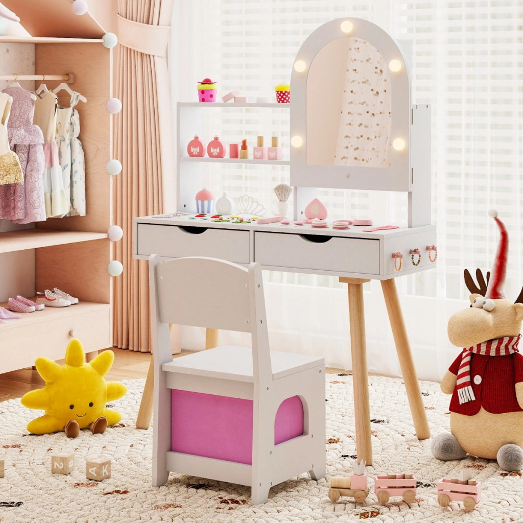 Set tavolo da toeletta per bambini da trucco con 3 modalit¨¤ di illuminazione colorata, Tavolo specchio con armadietto Bianco