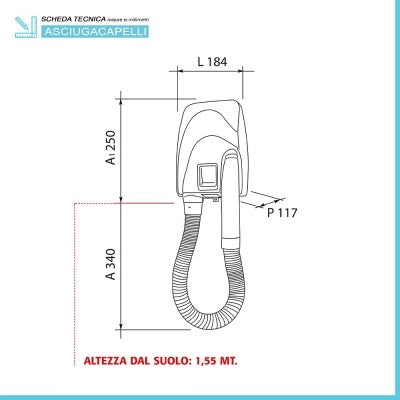 Asciugacapelli a parete con tubo flessibile presa rasoio 3 velocità