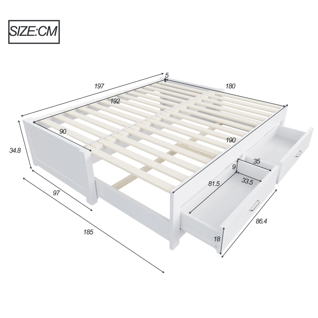 Letto estraibile 90 × 190 cm et 180 × 190 cm con 2 cassetti, senza materasso, in legno, bianco
