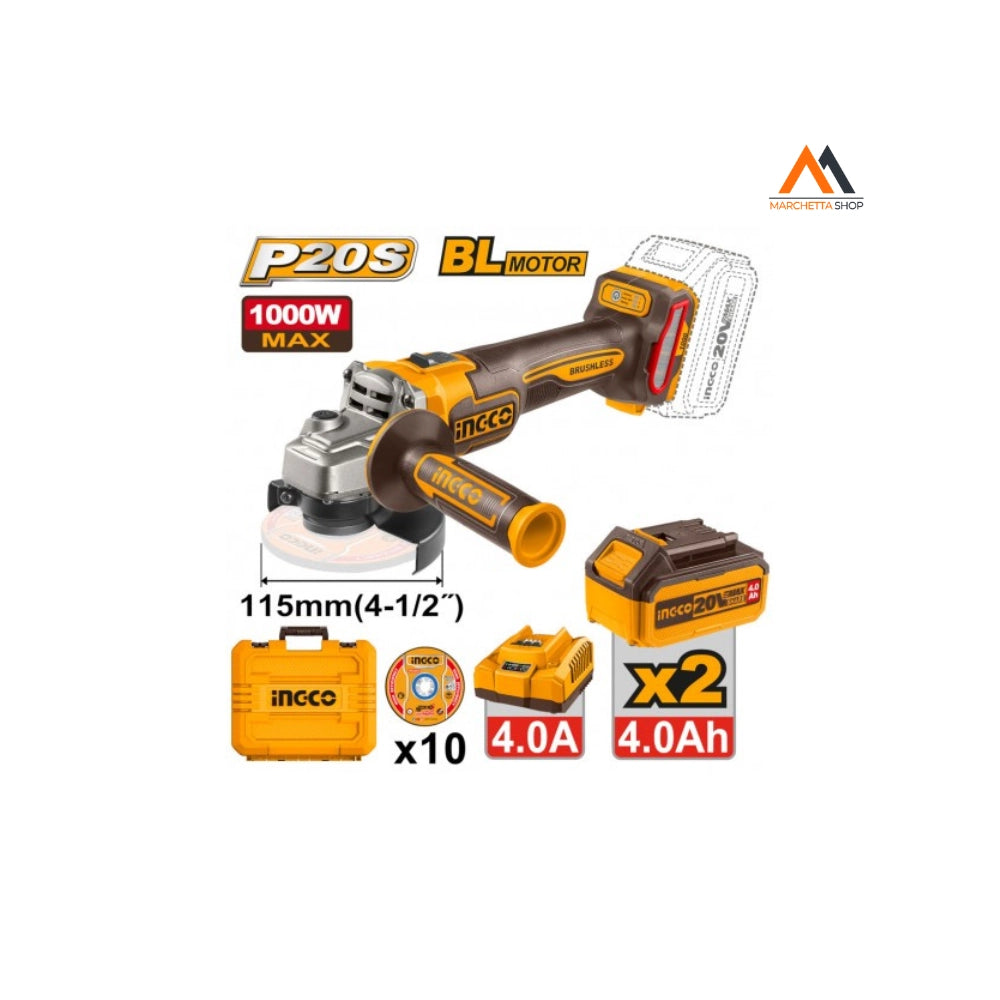 SMERIGLIATRICE BRUSHL 1000W D115MM C/2 BATTERIE 4Ah E DISCHI