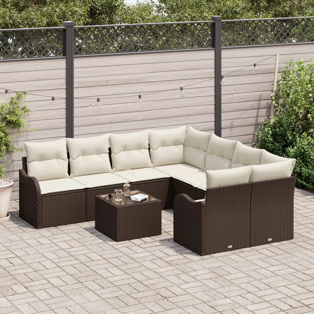 Set di divano da giardino 9 pezzi con cuscini Rattan poliestere marrone