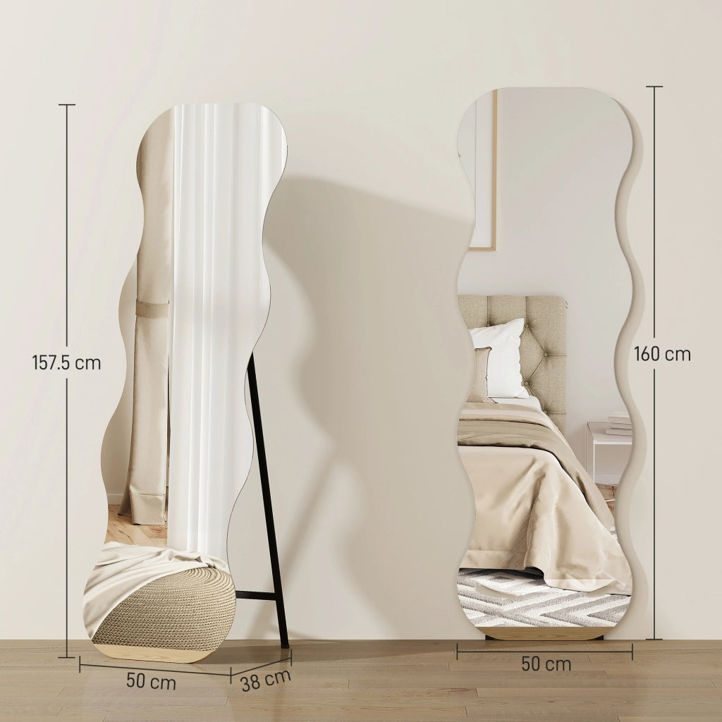Specchio Corpo Intero Senza Cornice ¨C Zephmum ¨C Base in Legno, Forma Ondulata, Nero