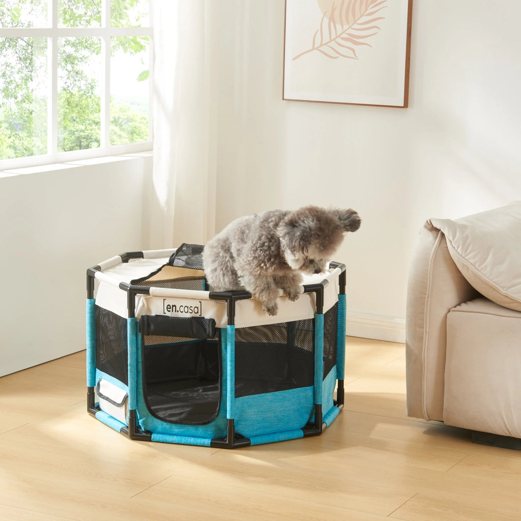 Kennel Nærøysund Rifugio Coperto per Cani e Gatti 112 x 112 x 62 cm Blu / Beige [en.casa]