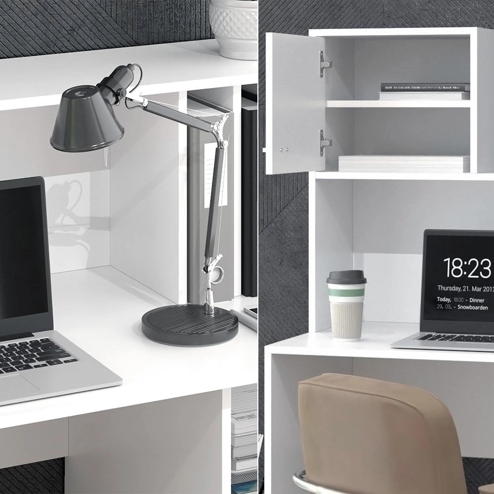 Scrivania con ripiani Alwin, Bianco, 115 x 55 cm con 2 porte, adatto all'uso come postazione di lavoro con superfici d'appoggio