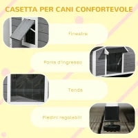 Casetta per Cani in Legno con Design Rialzato, Tenda Protettiva e 2 Finestre, 109x79x72 cm