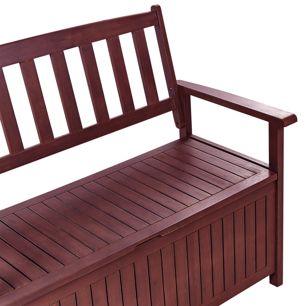 Panca da Esterno con Contenitore in Legno Massello di Acacia 2 Posti 120 cm Rosso Mogano e cuscino grigio