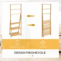 kleankin Portasciugamani Bagno Multiuso Pieghevole con 3 Barre e 3 Ripiani, 53x30.5x152 cm, Legno Naturale