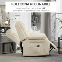 Poltrona Alzapersona Reclinabile a 160° con Poggiapiedi e Telecomando, in Pelle PU e Acciaio, 76x90x105 cm, Crema