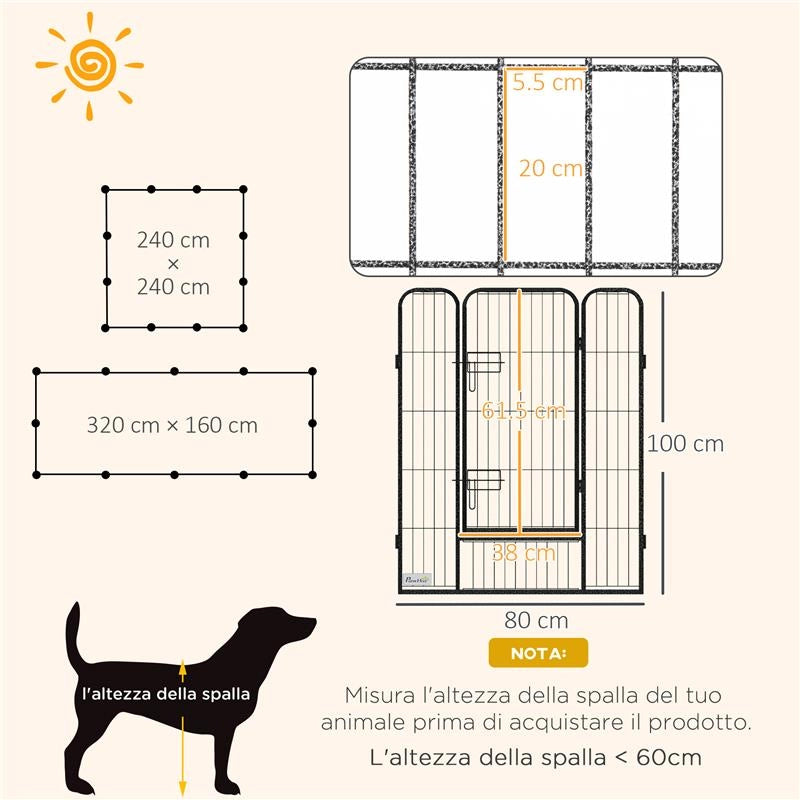 RECINTO PER CANI A 12 PANNELLI MODULABILI DA 80X100 CM, PIEGHEVOLE CON PORTA IN ACCIAIO E 12 PICCHETTI, GRIGIO