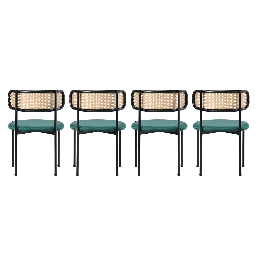 Set di 4 sedie da pranzo in velluto verde con schienale in rattan e gambe in metallo