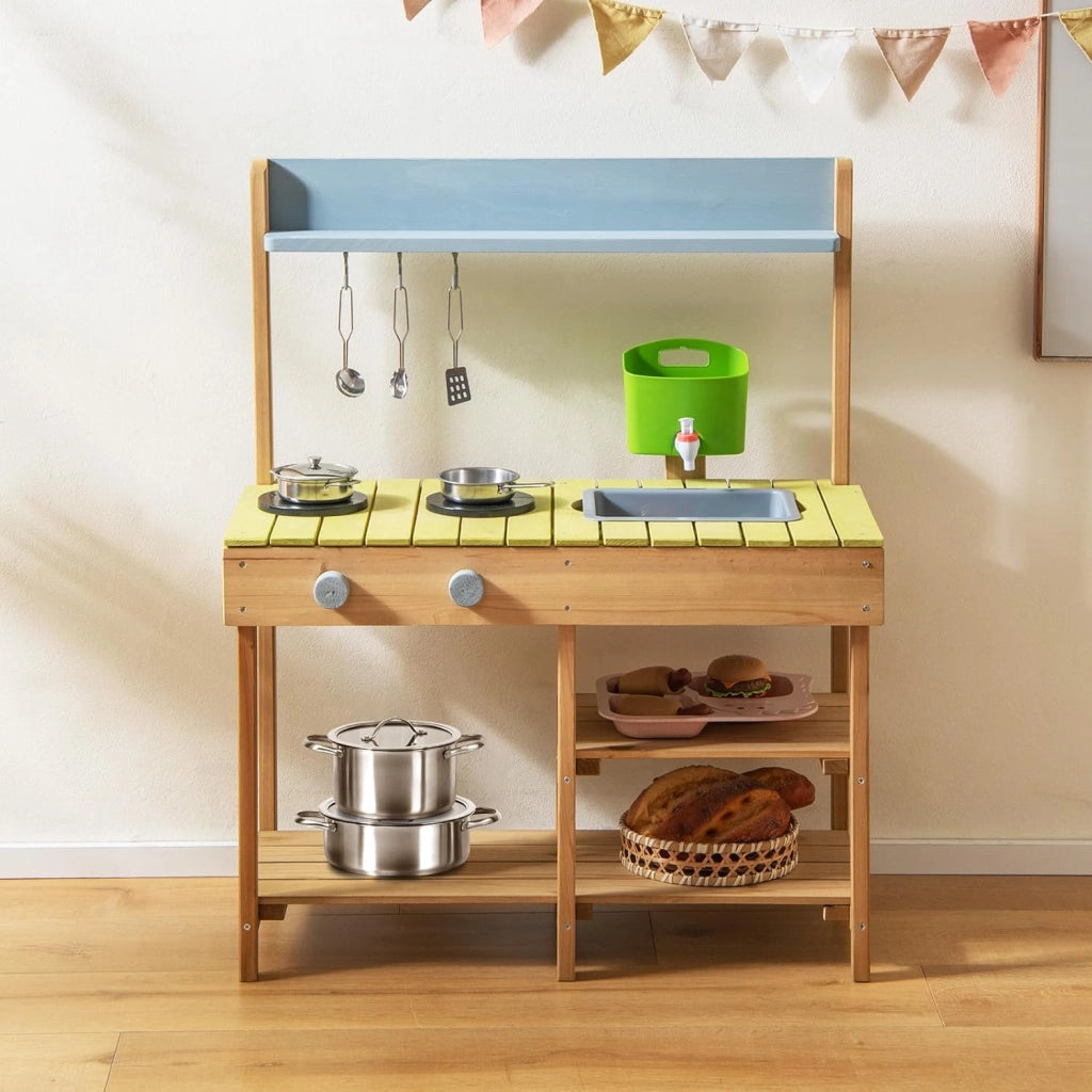 Cucina Giocattolo per Giardino in Legno di Abete, Cucina per Bambini con Serbatoio dell'Acqua e Lavello Rimovibili, 3 Ripiani Aperti, Funzione Suoni, per Bambini 3+ Anni (Naturale)