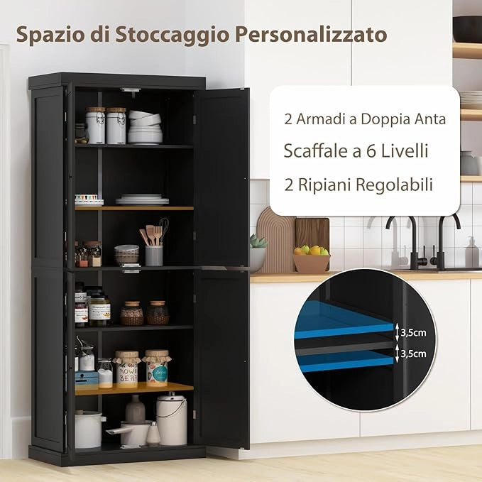Credenza da Cucina, Mobile da Cucina Moderno con 6 Ripiani, 2 Ripiani Regolabili, per Cucina, Sala da Pranzo e Soggiorno, 76 x 40 x 184,5 cm (Nero)