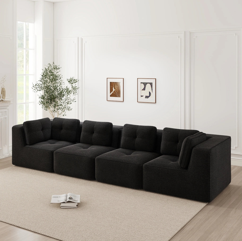 Divano angolare modulare in velluto a coste 386x104x69 cm; nero; senza montaggio