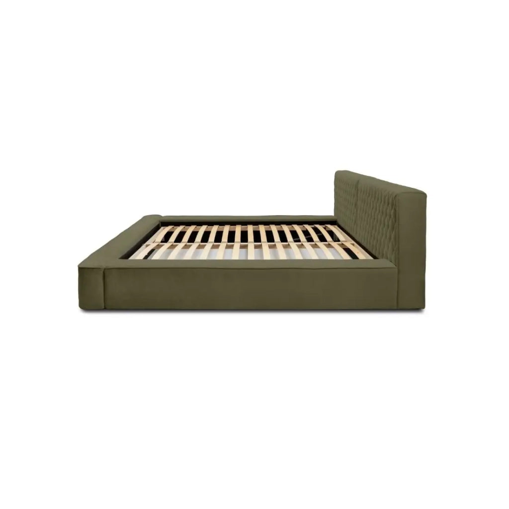 Letto contenitore VERNON – Tessuto ciniglia bouclé Foglia di ulivo – 180x200 cm – Rete sollevabile – Design di alta gamma