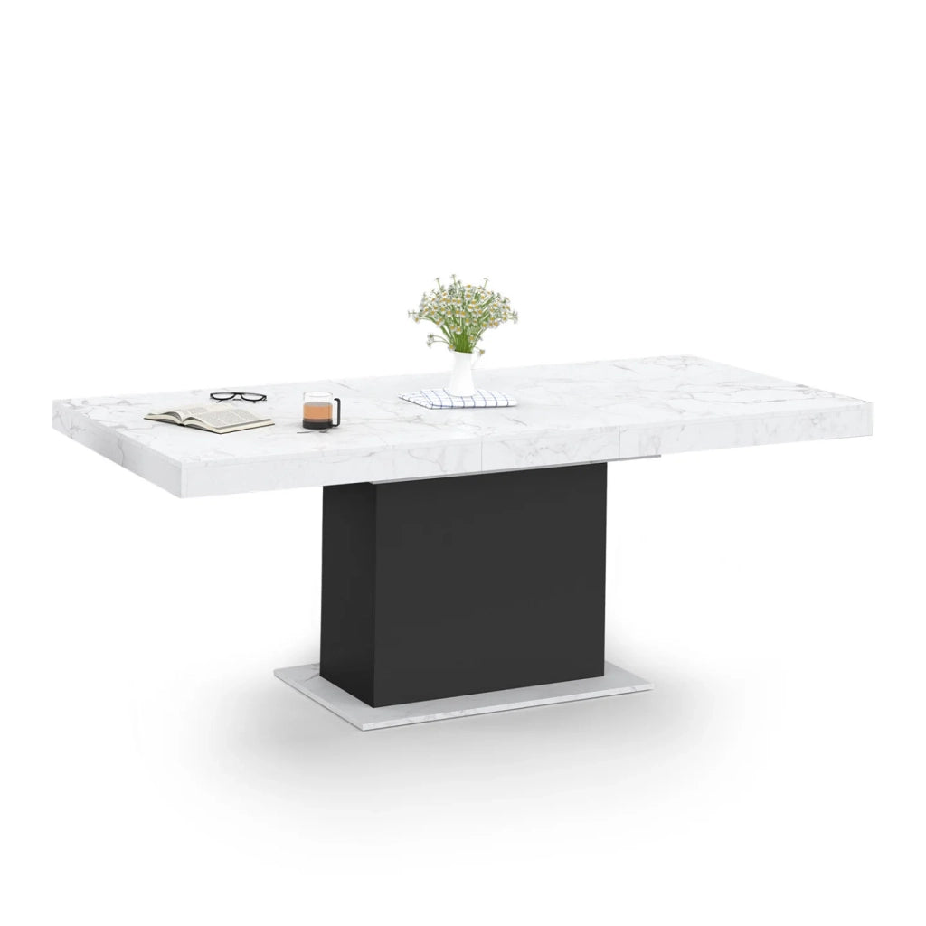 IDMarket - Tavolo da pranzo rettangolare allungabile EDEN 6-10 persone con piano ALASKA effetto marmo bianco e nero 160-200 cm