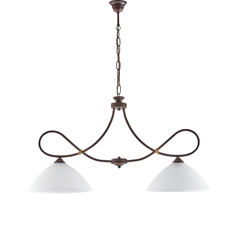 Dallas - Lampadario in ferro laccato nero con decoraz. effetto ruggine e rifiniture oro antico con diffusori in vetro d. 13 alabastro bianchi 2 luci