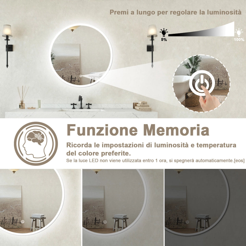 Specchio bagno Tondo 50cm Retroilluminato Con Led, Antiappannamento + 3 Luci