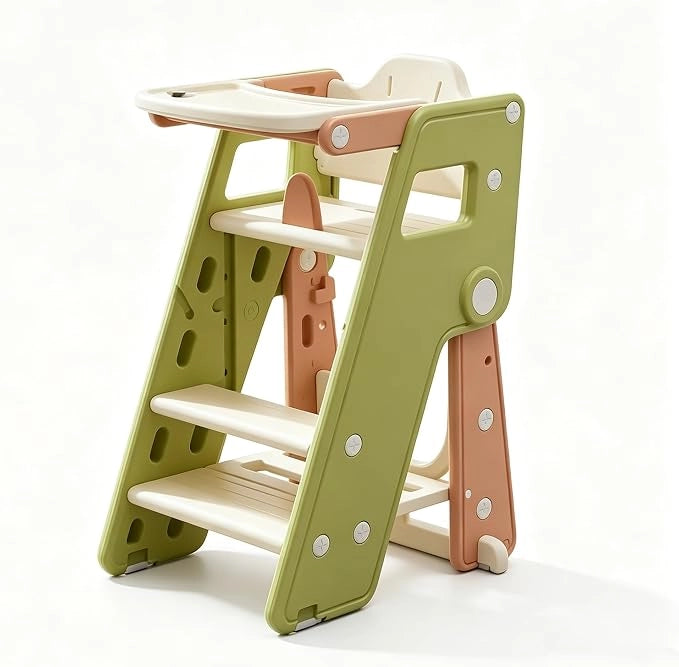 Torre apprendimento pieghevole 1-5 anni; sgabello cucina regol. 3 in 1 vassoio/seduta; antiscivolo/antiribalt.; portata max 50 kg–Verde e marrone