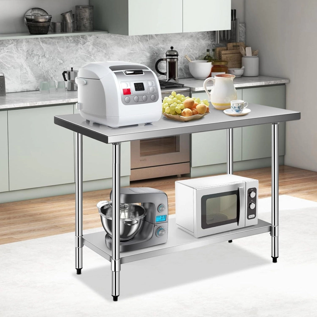 Tavolo da Lavoro in Acciaio Inox a 2 Livelli, Tavolo da Cucina Multifunzione con Ripiano Regolabile e Piedini Livellanti, per Preparazione Alimentare, 122x61x89 cm