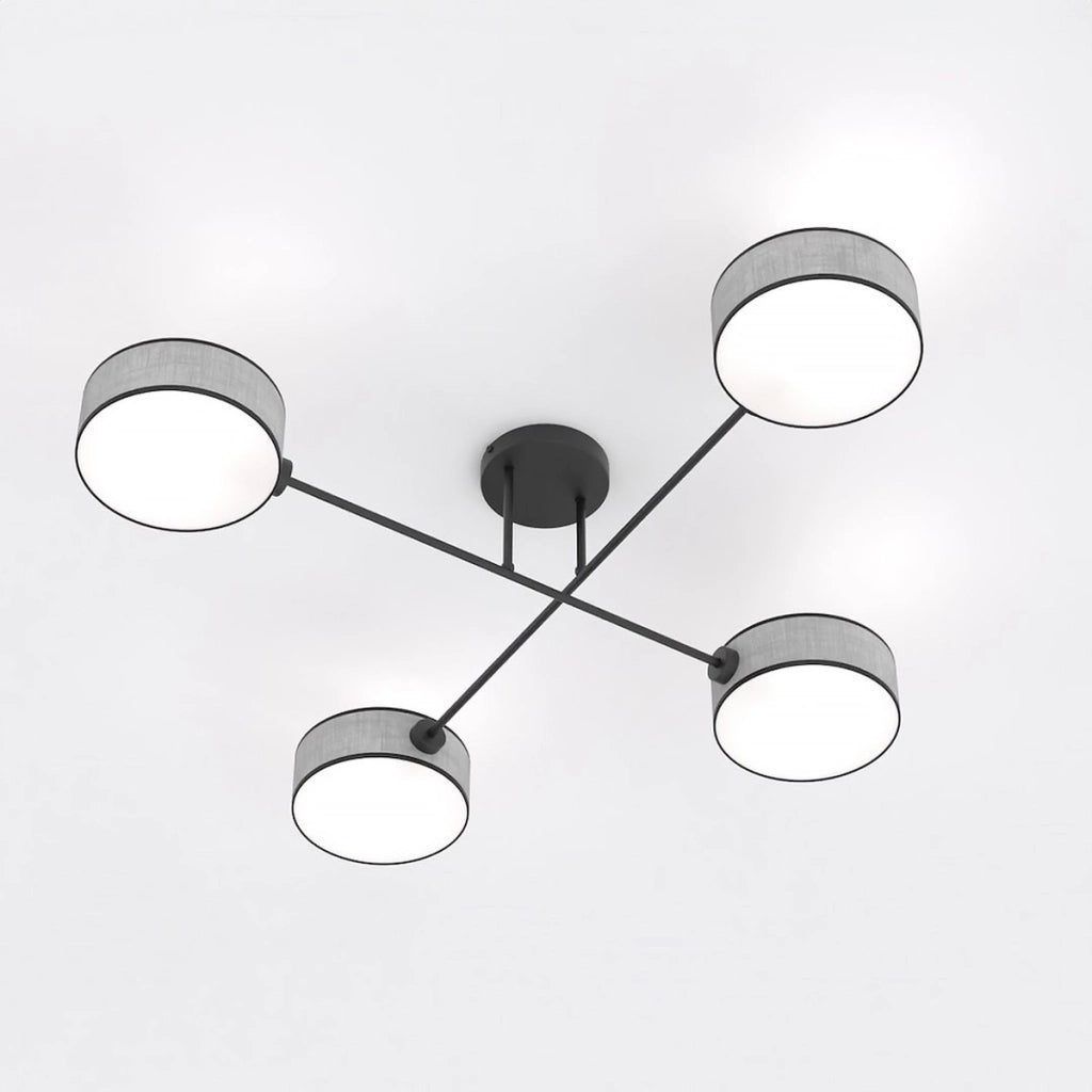 Lampada a sospensione Maga a quattro luci in metallo nero e tessuto grigio