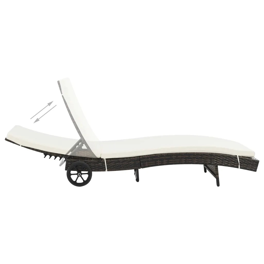 Lettino Prendisole con Ruote e Cuscino in Polyrattan Marrone 44453