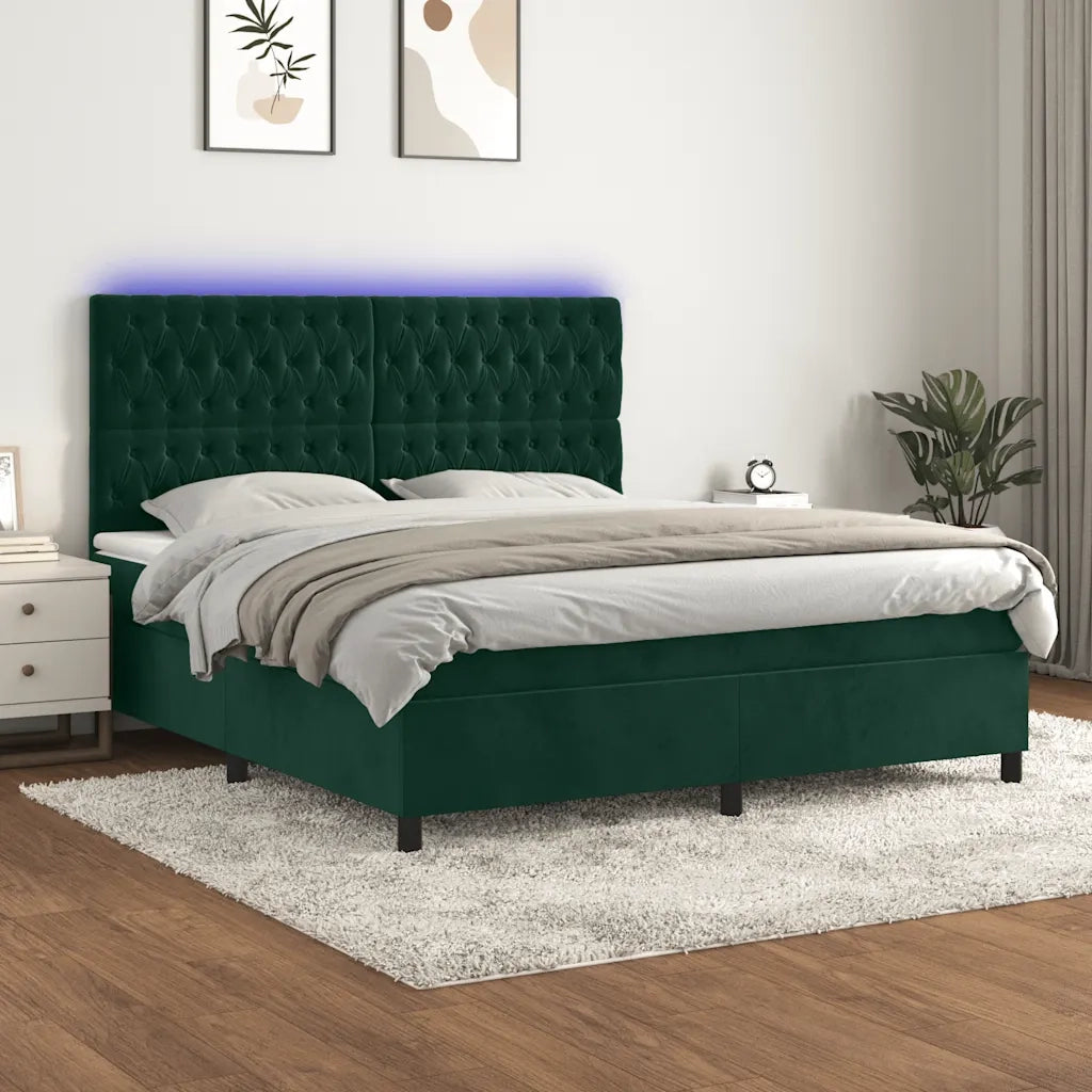 Letto a Molle con Materasso e LED Verde Scuro 180x200cm Velluto 3136320