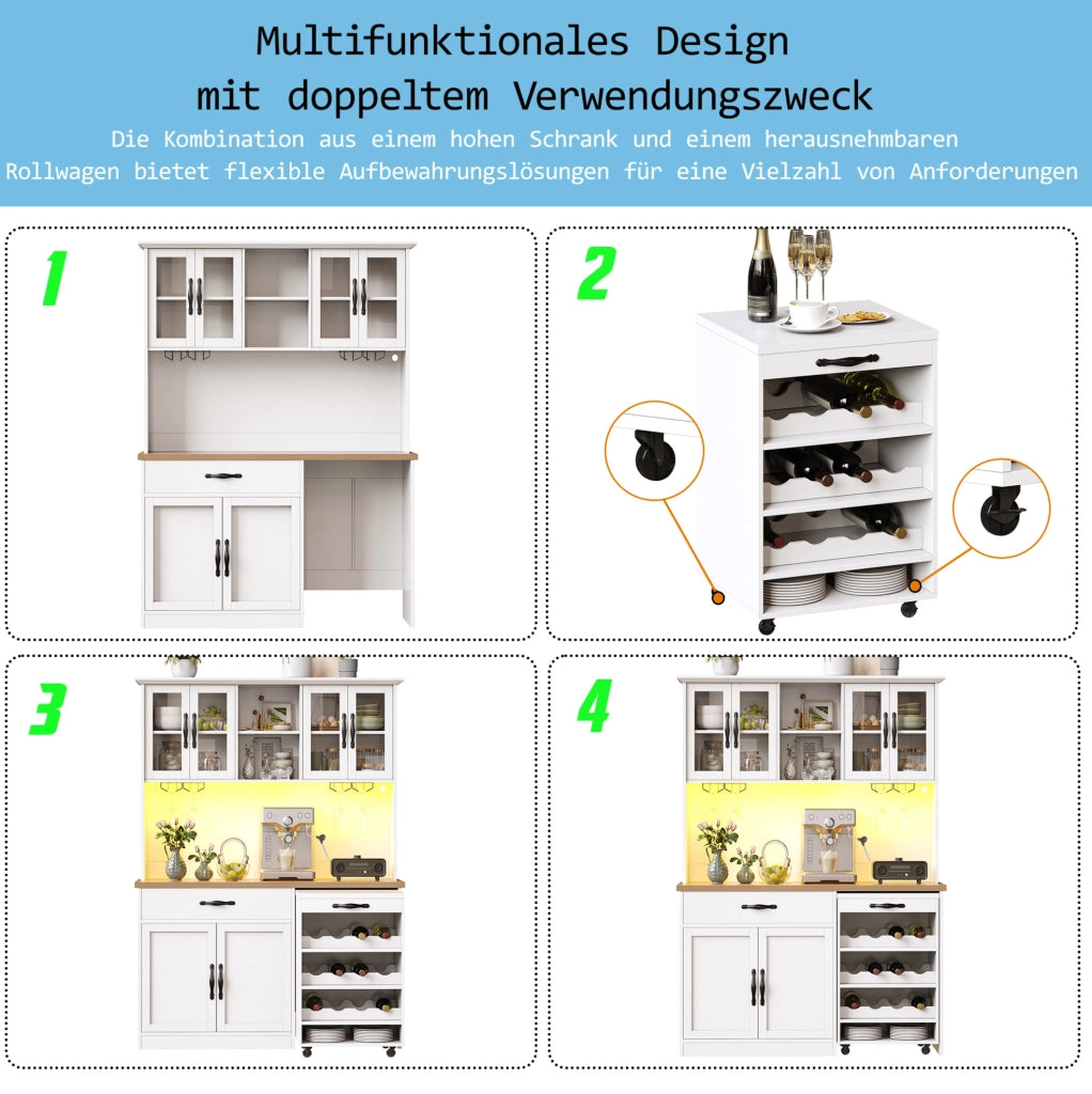 Mobile cucina 140 cm con carrello, LED e portabottiglie