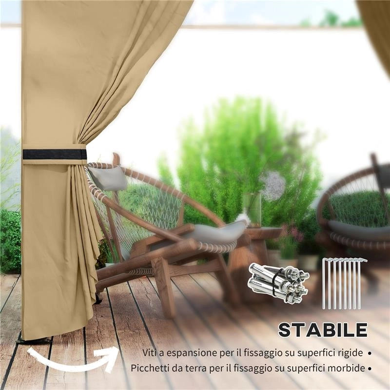 GAZEBO DA GIARDINO 3.4X3.4M CON PARETI PROTEZIONE UV E TETTO A 2 LIVELLI BEIGE