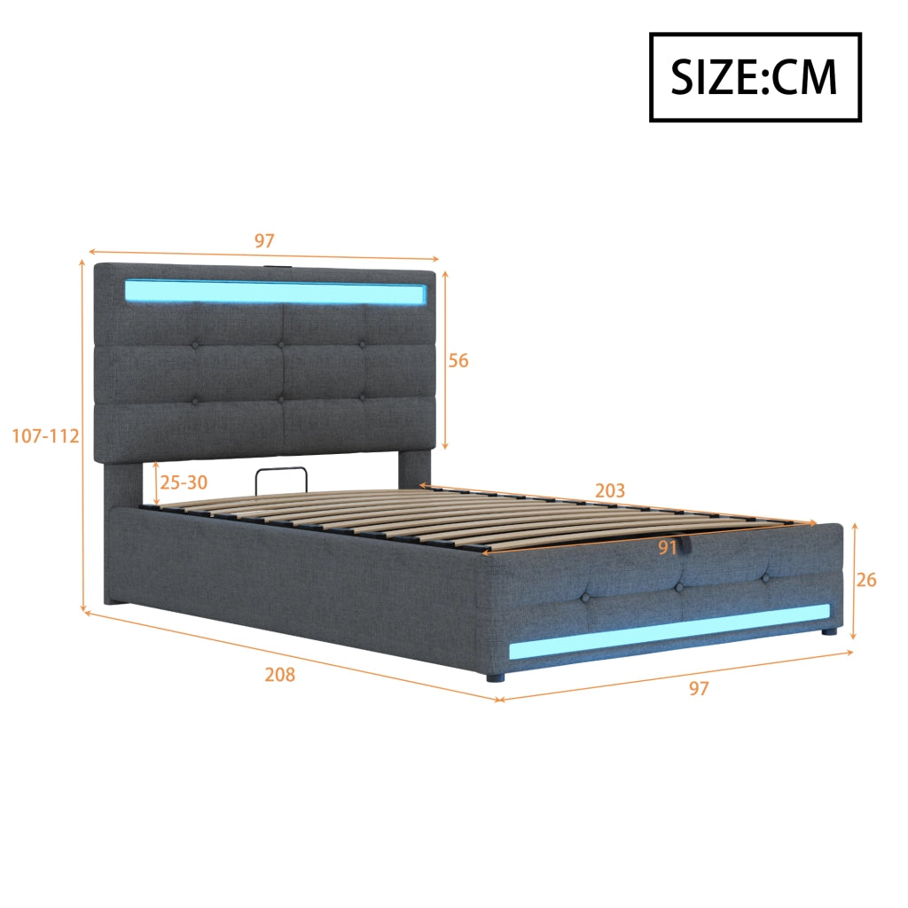 Letto imbottito 90x200 cm con luci LED RGB, porte USB, testiera regolabile e struttura salvaspazio, grigio