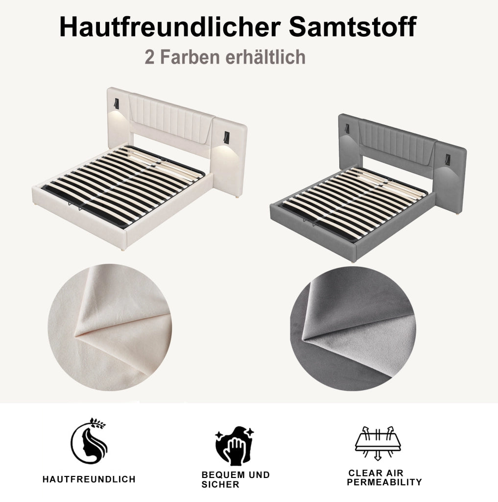 Letto imbottito 180x200 cm con testiera lunga; luci LED e USB; velluto grigio