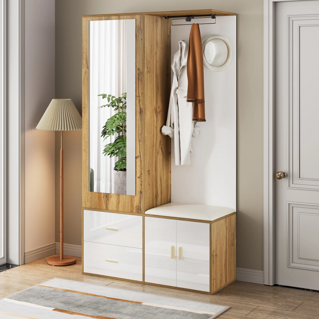 Mobile Ingresso con Specchio; Panca Scarpiera e Armadio Scarpiera con Barra Estraibile; 2 Ganci; Stile Moderno; in Truciolare; 100??38??180 cm; Bianco Naturale