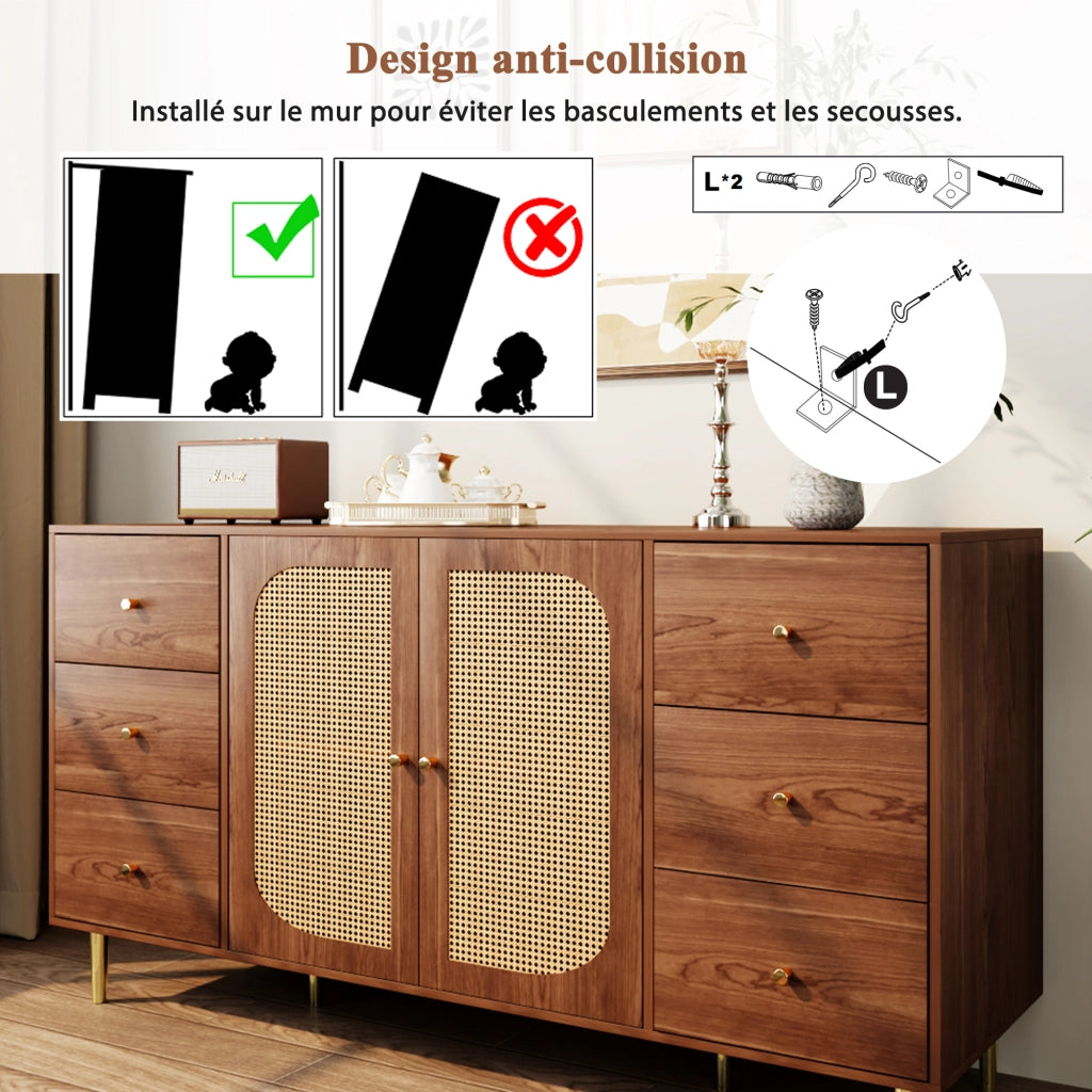 Credenza con 6 Cassetti e 2 Ante in Rattan; Stile Moderno; in MDF; Color Legno; 160??40??90 cm