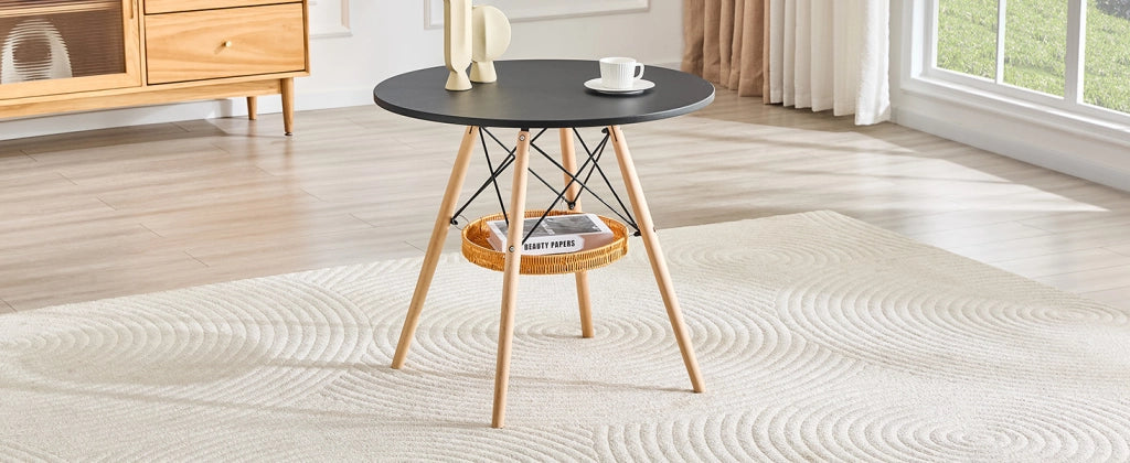 Tavolo da pranzo rotondo Ø80 cm MDF nero gambe in legno massello cesto intrecciato sospeso