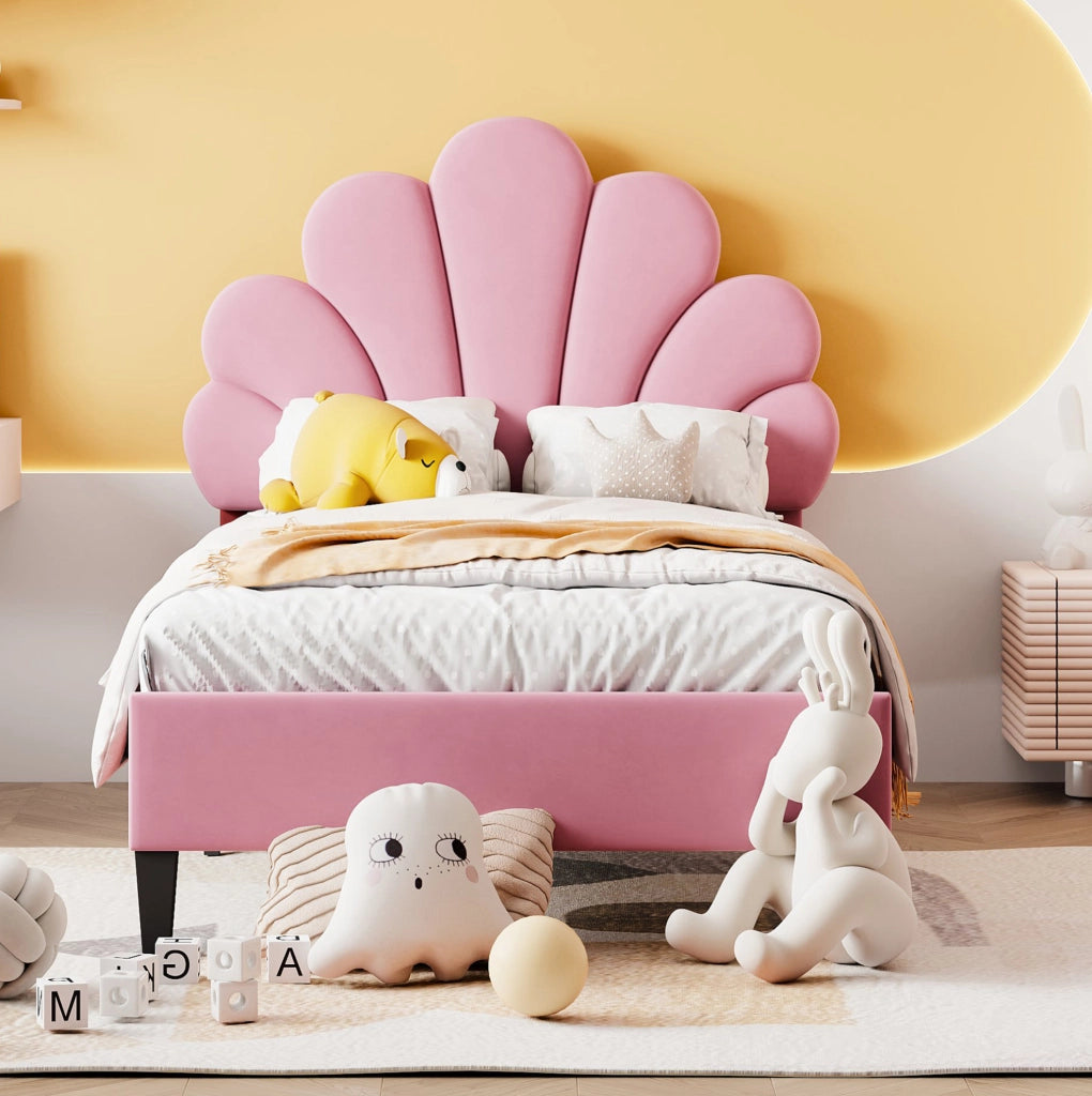 Letto imbottito 90x200 cm; testiera a fiore; velluto rosa (Senza materasso)