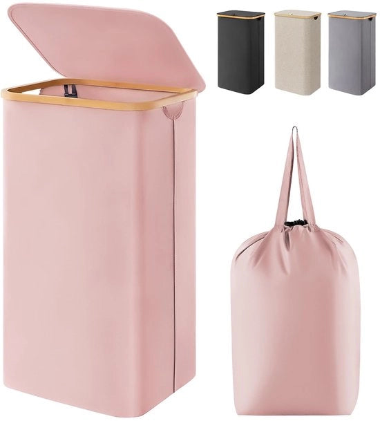 100L wascazzetta con coperchio, lavanderia con maniglie in bambù e sacchetto lavanderia rimovibile, grande cassetto lavanderia pieghevole per camera da letto, bagno, appartamento universitario, lavanderia, colore rosa