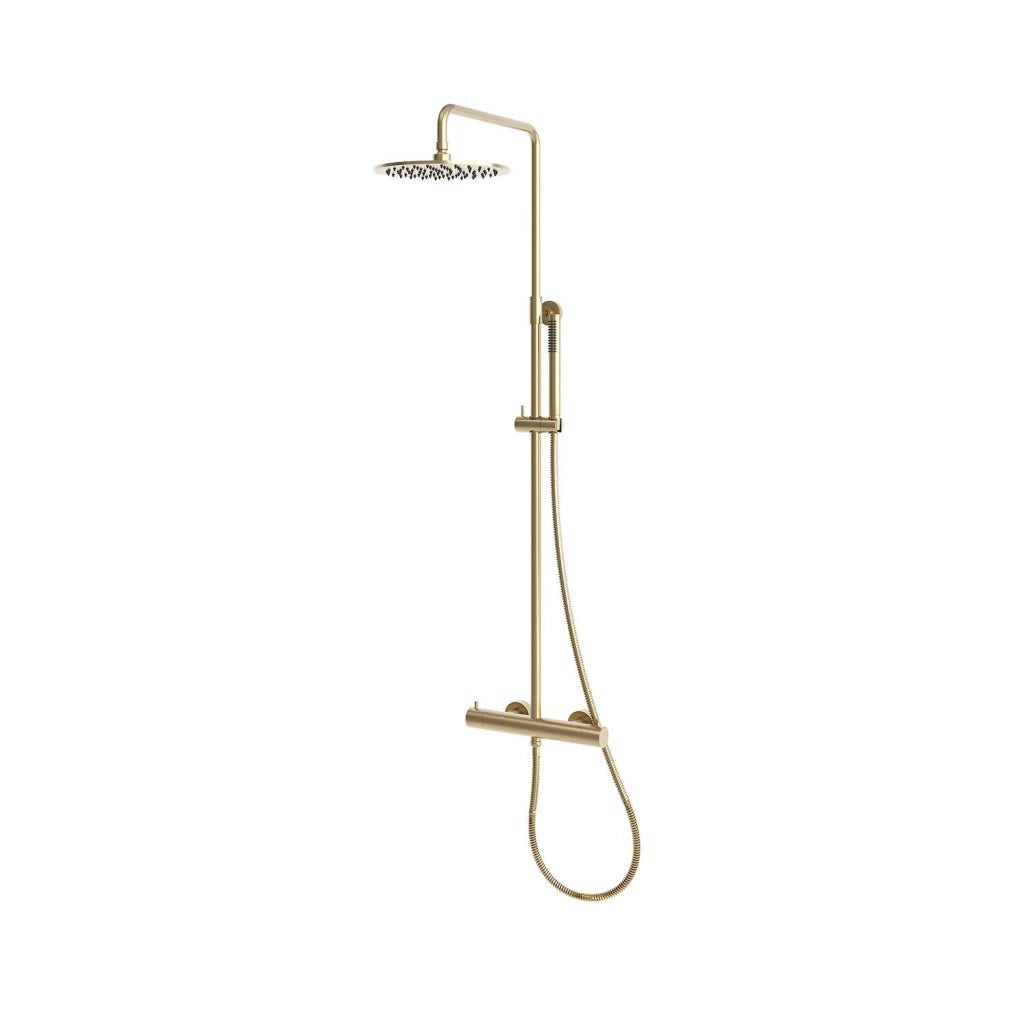 SINED Doccia Da Parete In Acciaio Inox 316L Finitura PVD Oro Miscelatore Termostatico Soffione 25 cm Doccino a Mano Installazione Interno Esterno Modello Levante