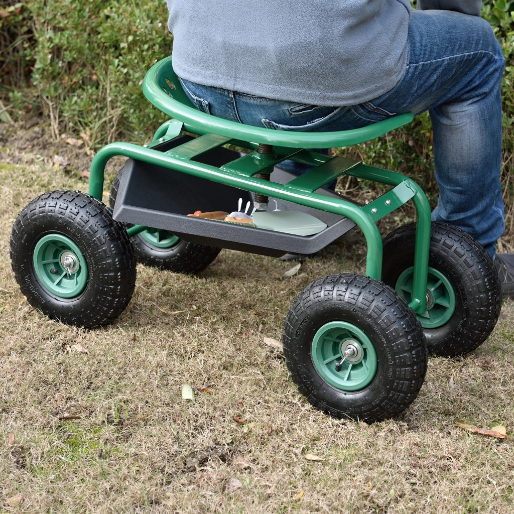 Sgabello su 4 Ruote per Giardinaggio con Seduta Regolabile in Altezza e Ripiano Portaattrezzi Scooter da Giardino - Verde / Nero [pro.tec]