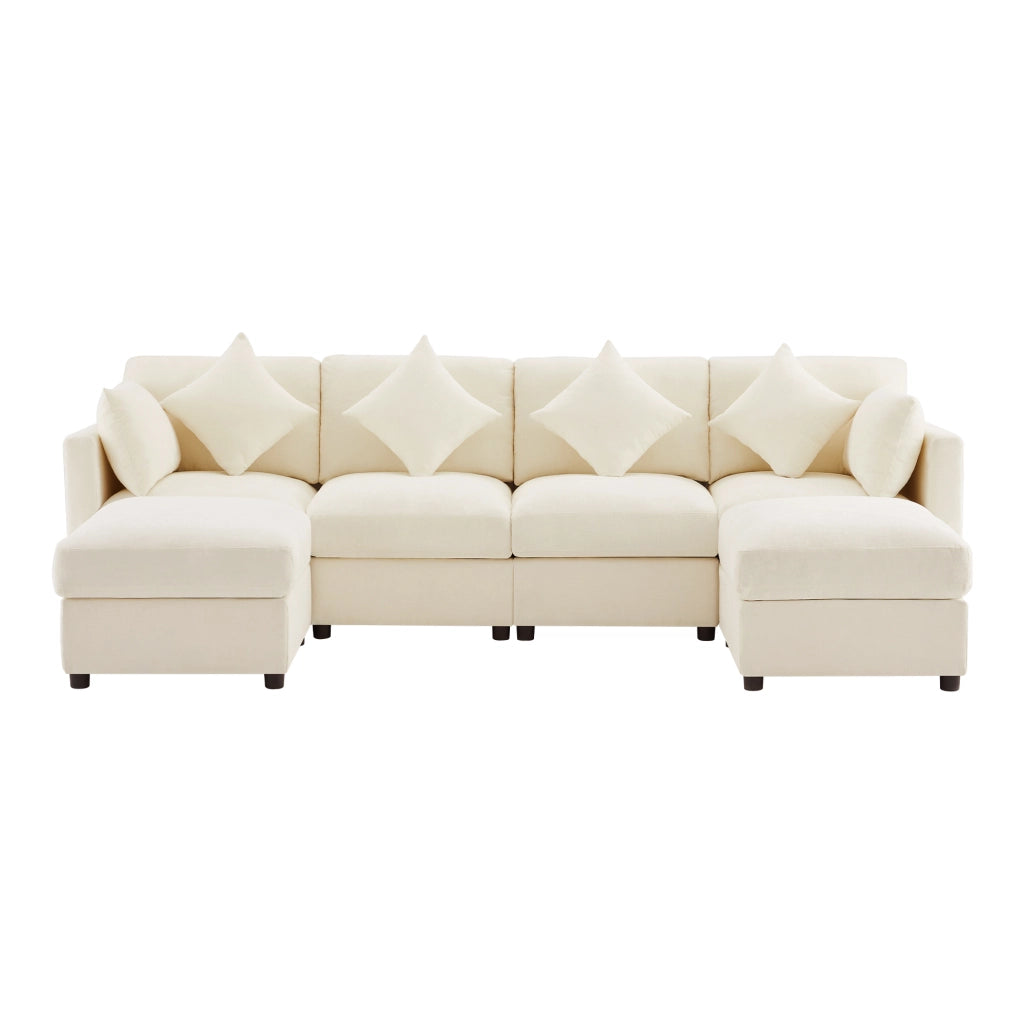 Divano modulare a L - Zephmum- Chenille beige con 4 cuscini decorativi e 2 poggiatesta