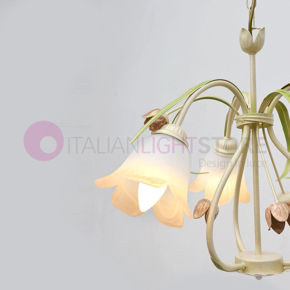 FLORA Lampadario a 3 Luci in Ferro Decorato Stile Floreale