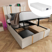 Letto imbottito 90x200 cm beige in lino con LED RGB; USB Type-C e contenitore