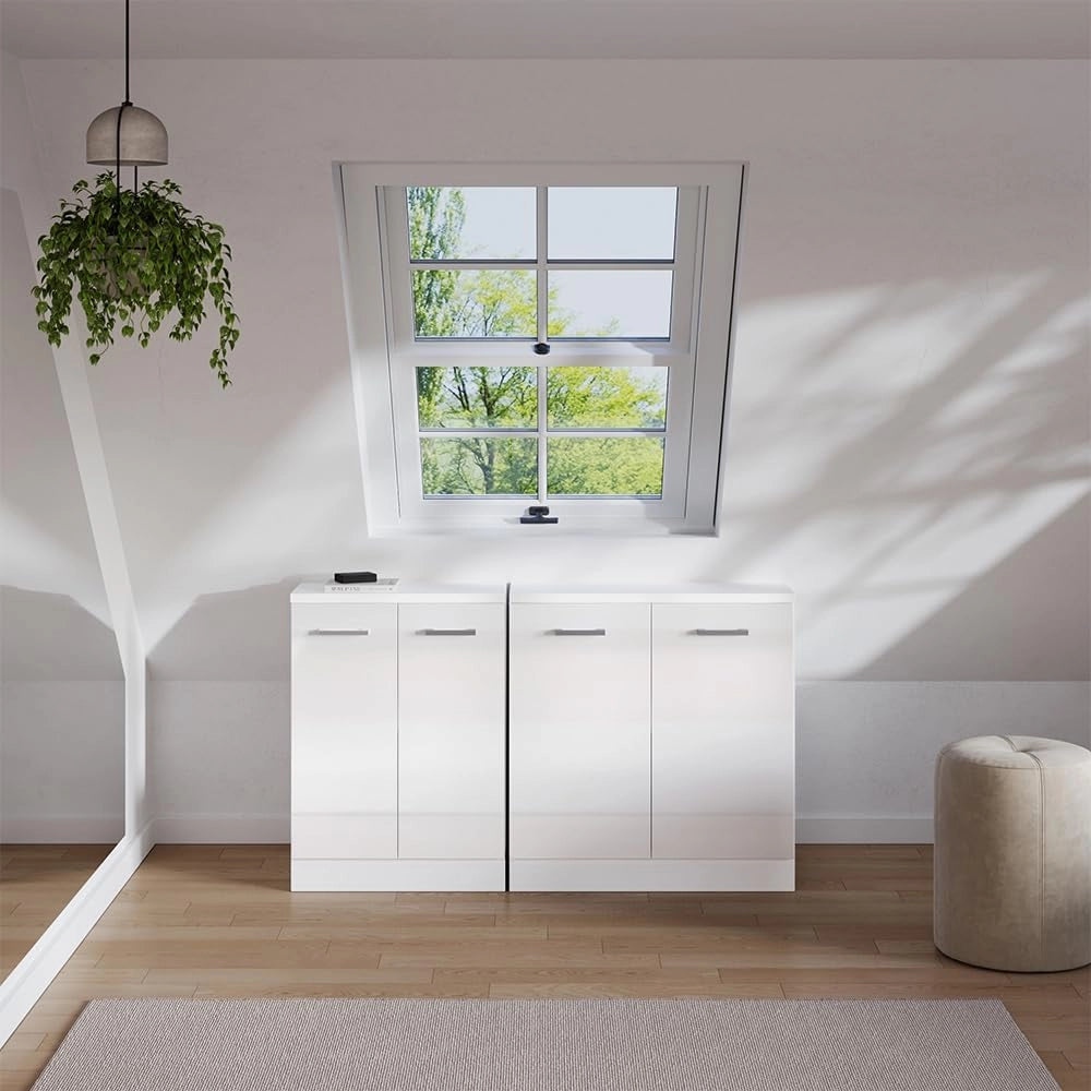 Set di mobili sottotetto Rion, Bianco lucido, 140 cm Set di 2 carcasse armadio profondità 60 cm, adatto per il salvaspazio sotto tetti spioventi