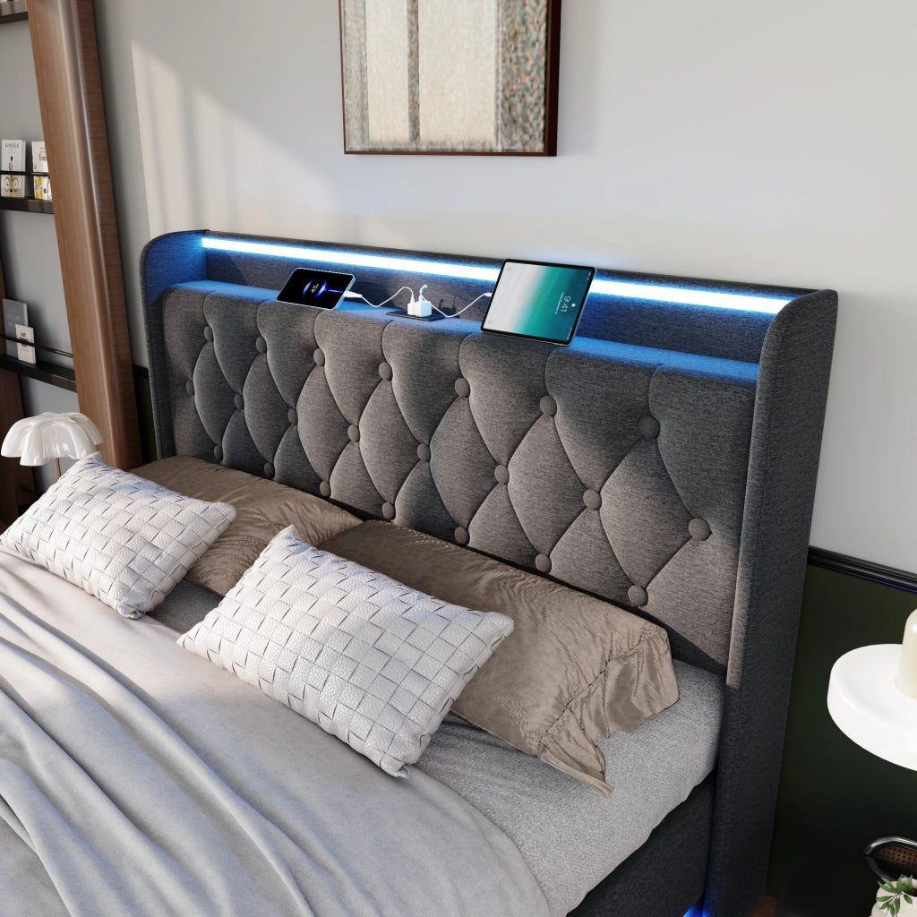 Letto matrimoniale 140x200 cm in lino grigio con LED 360°, USB Tipo-C, contenitore idraulico e rete