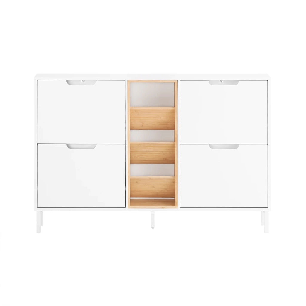 SoBuy Scarpiera con 4 ribalte Scarpiera stretta con 3 ripiani Cassettiera per scarpe Bianco e Naturale 126x19x85 cm FSR183-WN