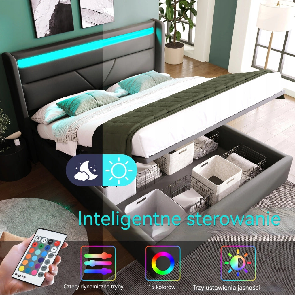 Letto 140x200 LED con testiera comoda - Xylo - Grigio con testiera comoda e sistema di sollevamento idraulico